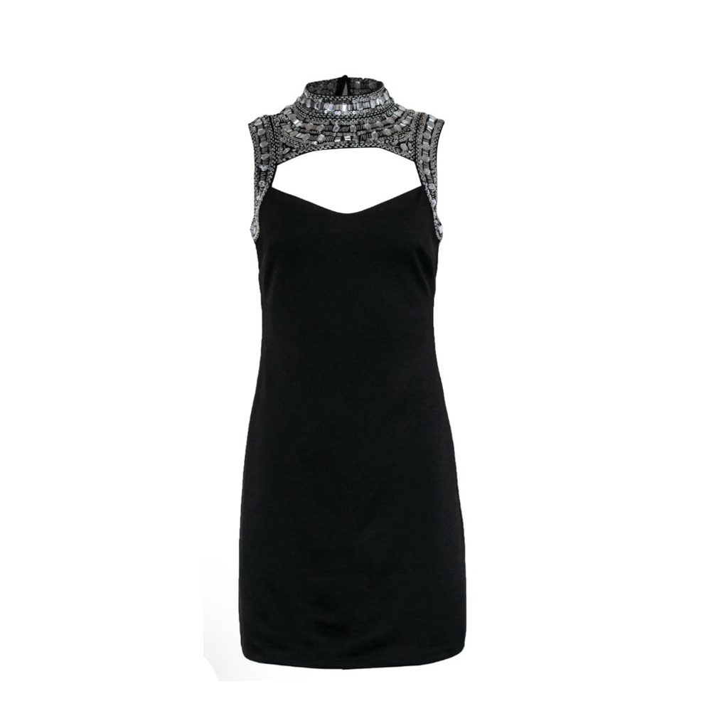 Boston Proper Elegant Black Dress with Embellished Neckline